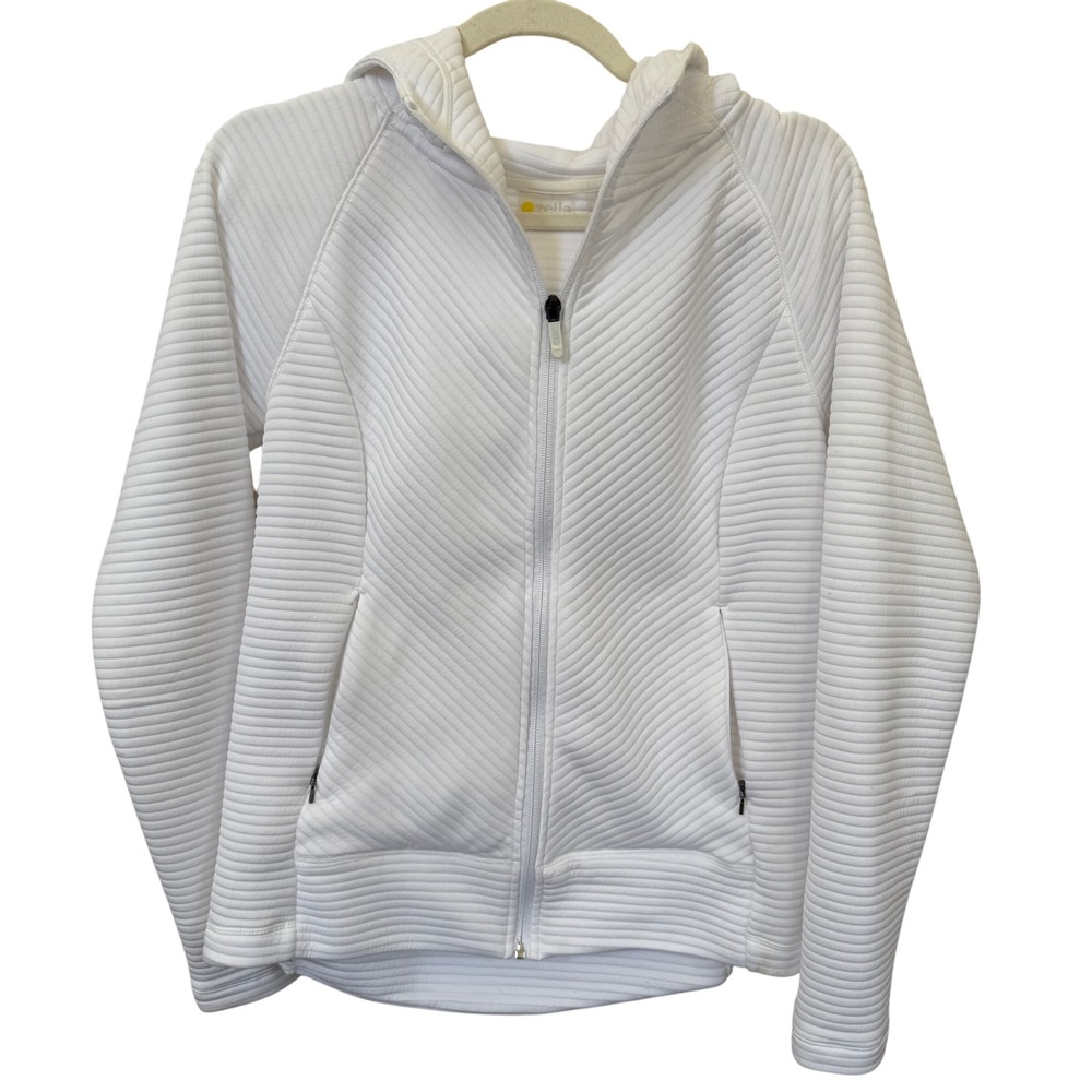 Zella Full Zip Hoodie Jacket Sweatshirt Sz M White Ribbed Fitted Activewear Gym